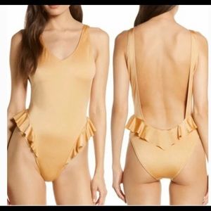 Something Navy Gold Tone Low Back Ruffle One Piece Swimsuit Summer Beach Pool